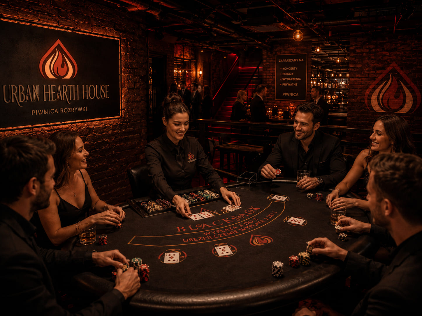 Krupierka i goście przy stole do blackjacka w kasyno Urban Hearth House