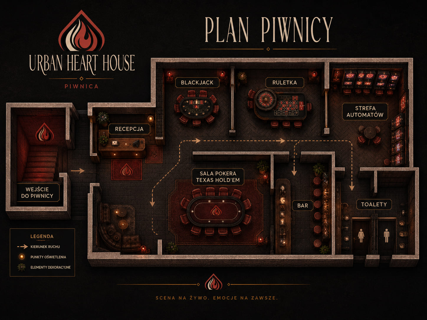 Plan piwnicy Urban Hearth House z oznaczeniem stref recepcji, stołów gier, automatów, pokoju pokerowego i baru