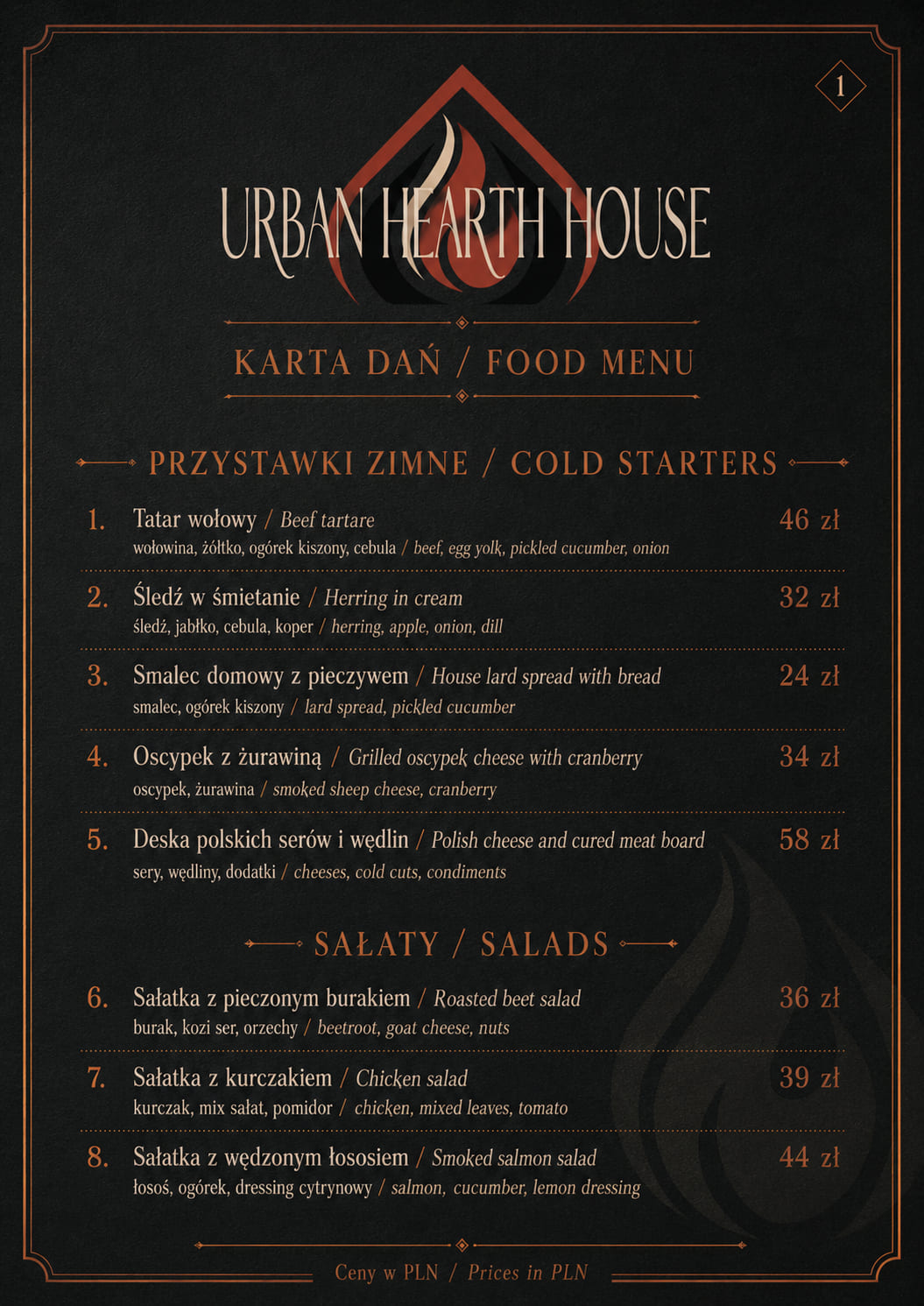 Menu Urban Hearth House, strona pierwsza: przystawki zimne i sałaty