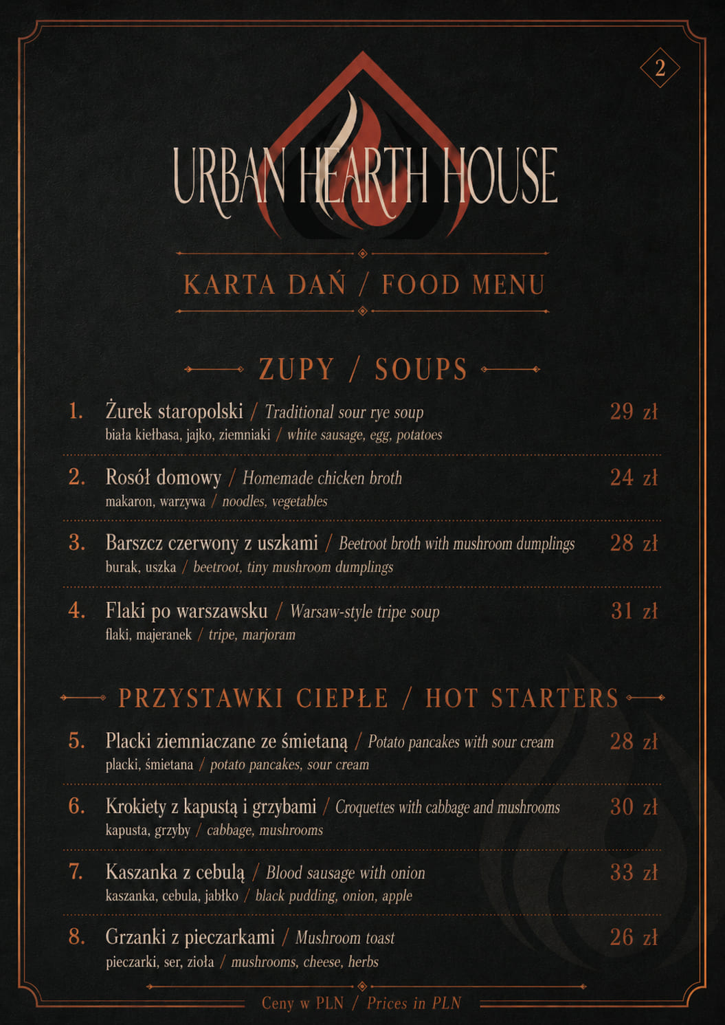Menu Urban Hearth House, strona druga: zupy i gorące przystawki