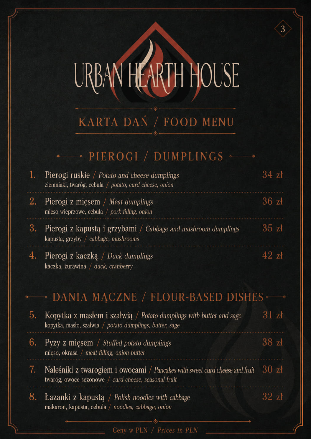 Menu Urban Hearth House, strona trzecia: pierogi i dania mączne