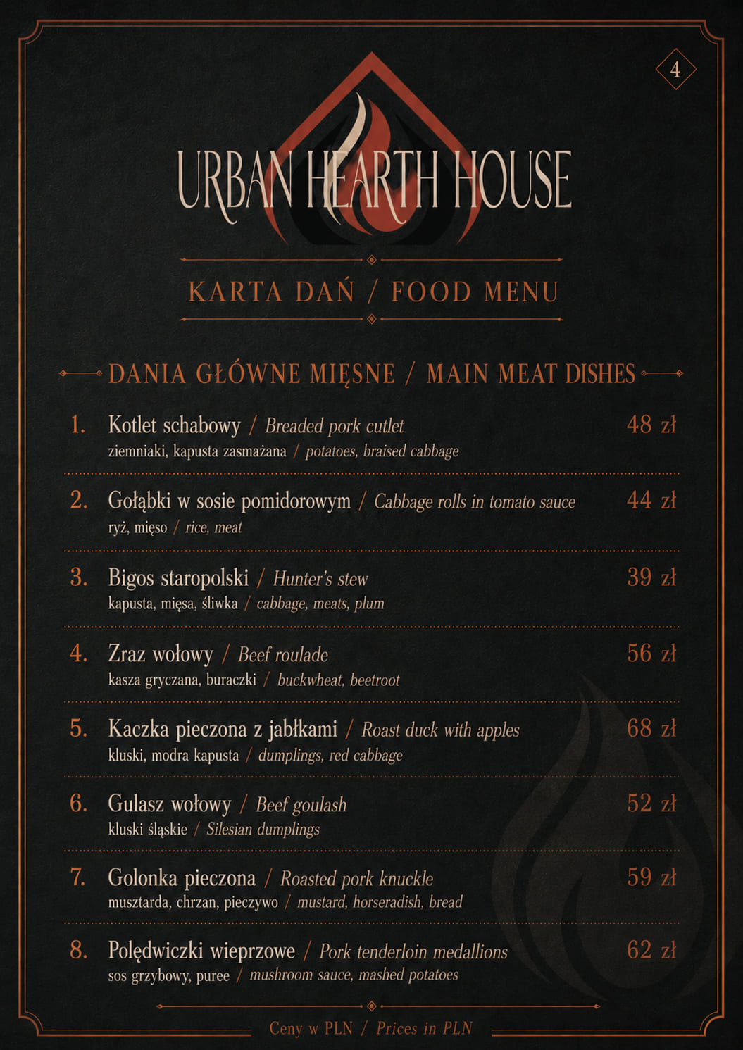 Menu Urban Hearth House, strona czwarta: dania główne mięsne