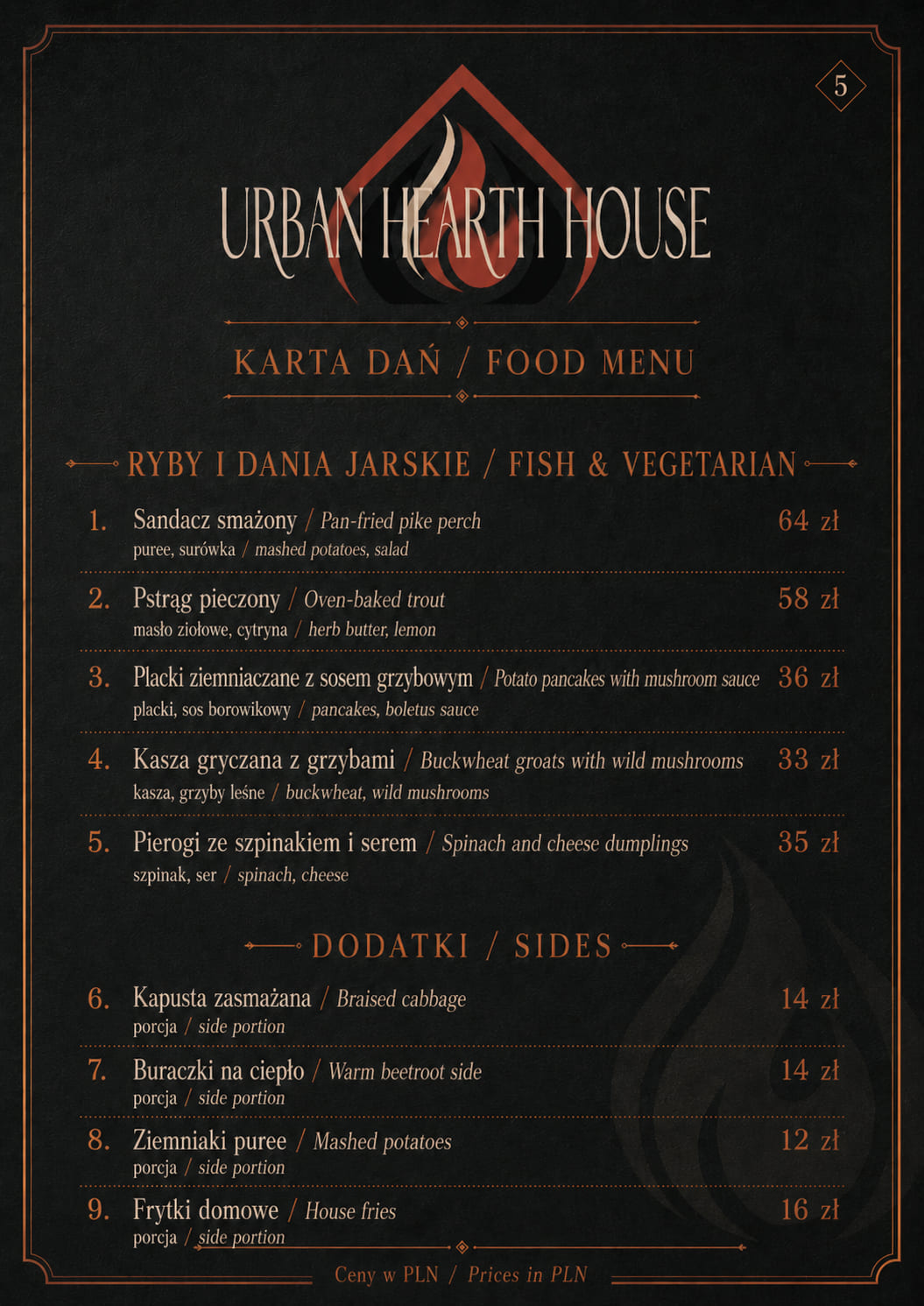 Menu Urban Hearth House, strona piąta: ryby, dania jarskie i dodatki