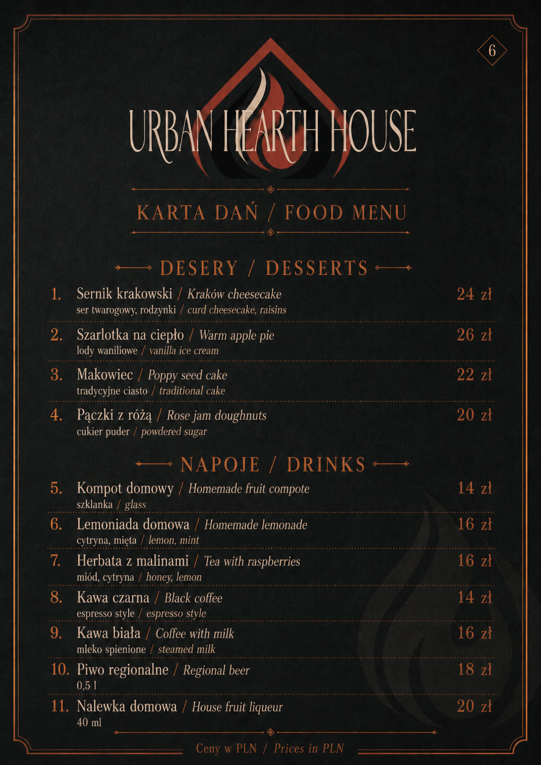Menu Urban Hearth House, strona szósta: desery i napoje