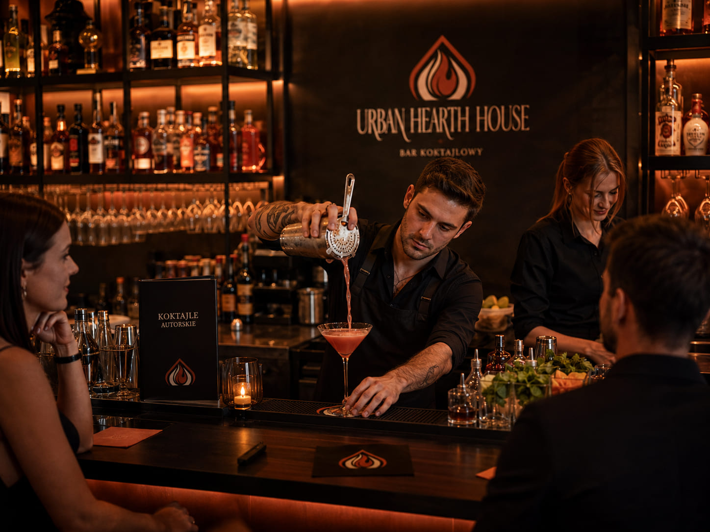 Barman przygotowujący autorski koktajl przy barze Urban Hearth House