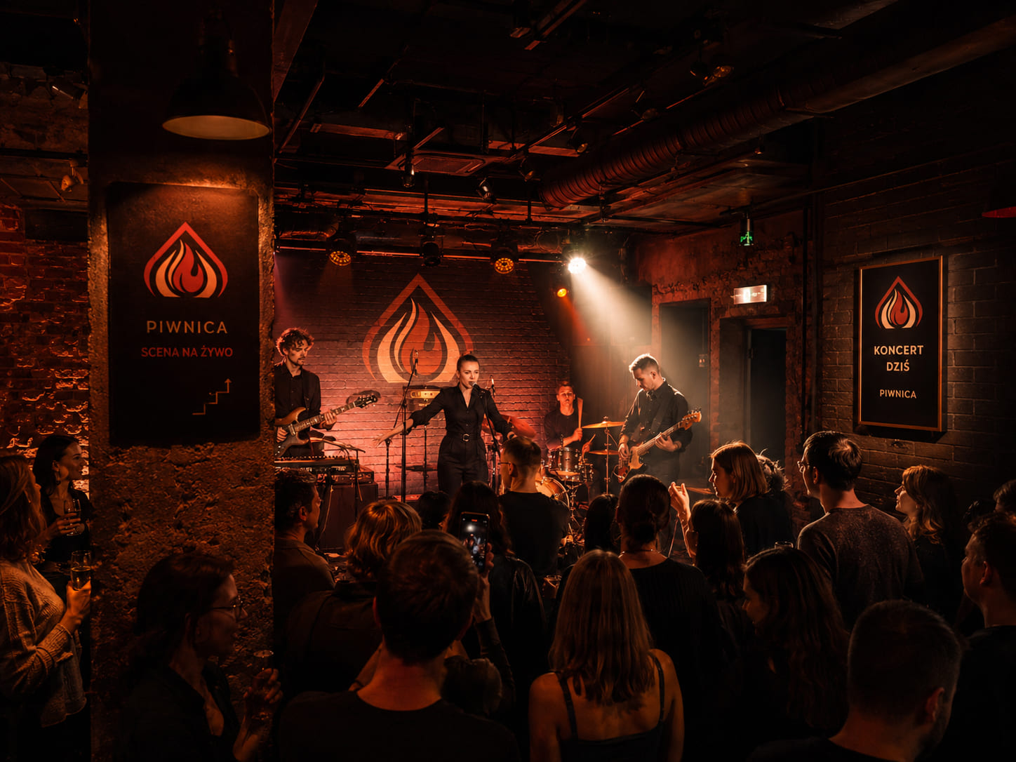 Koncert na żywo w piwnicy Urban Hearth House, muzycy na scenie przed publicznością