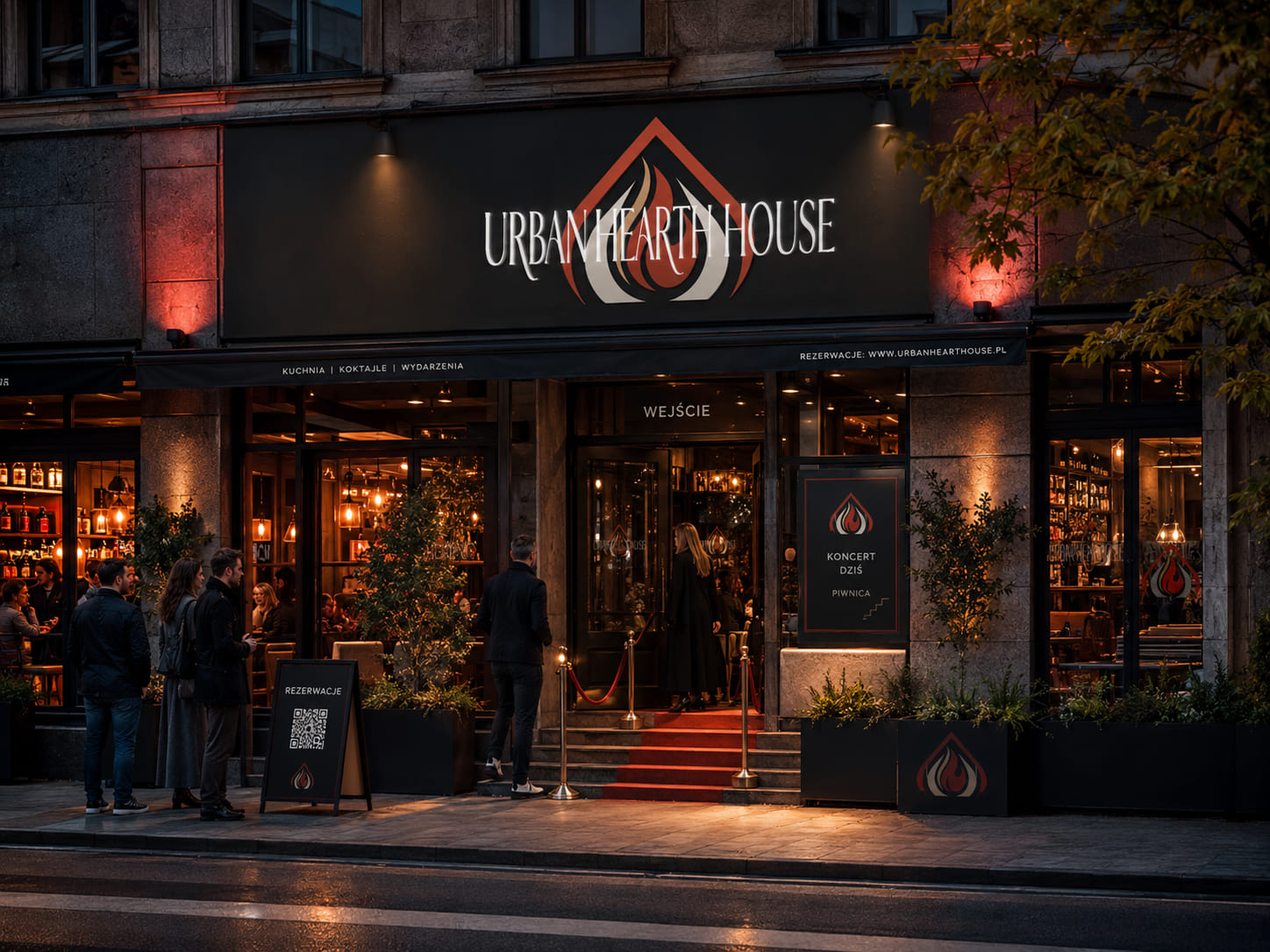 Wejście do Urban Hearth House wieczorem, oświetlony szyld i czerwony dywan przed restauracją