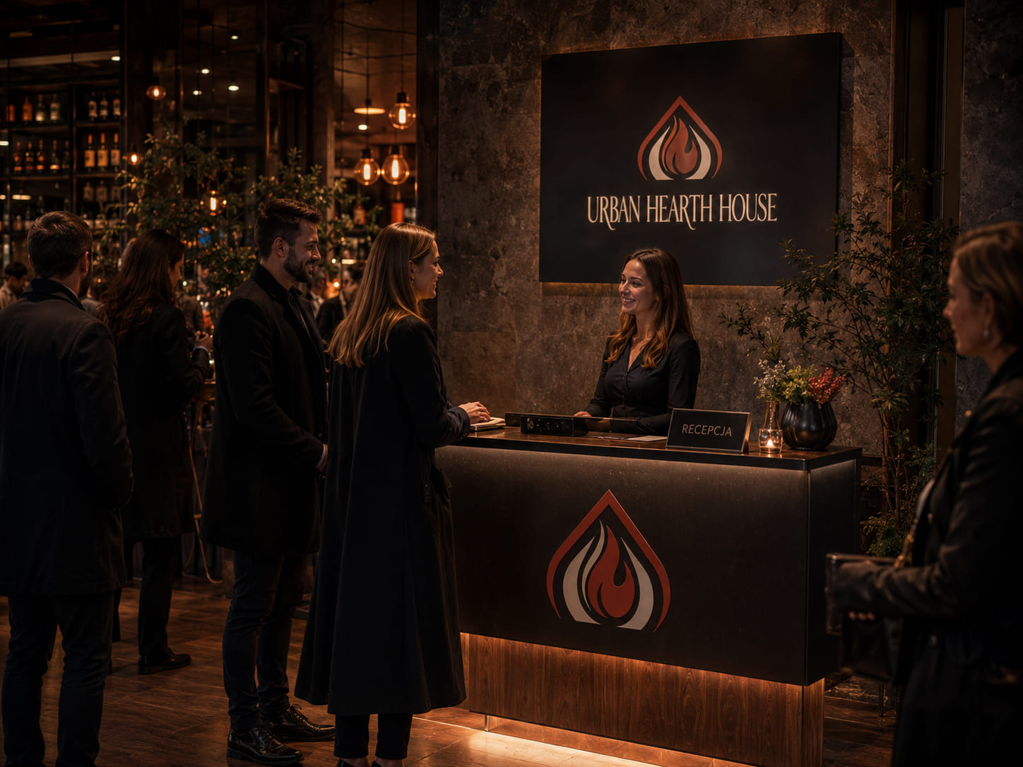 Gość witany przy recepcji Urban Hearth House przez pracownicę restauracji