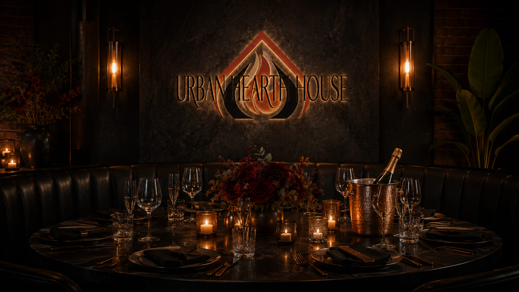 Elegancko nakryty stół na prywatną kolację w Urban Hearth House